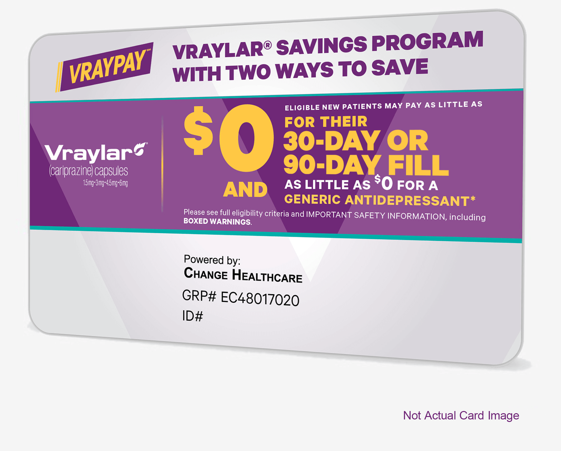 Two Ways to Save VRAYLAR Savings Program Card.